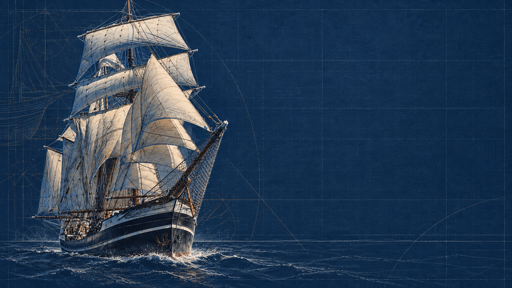 Künstlerische technische Zeichnung des Segelschiffs Thor Heyerdahl